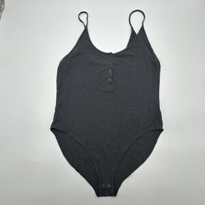 American Eagle Ribbed Dark Gray Bodysuit Button Up Spaghetti Straps Clasp XXL